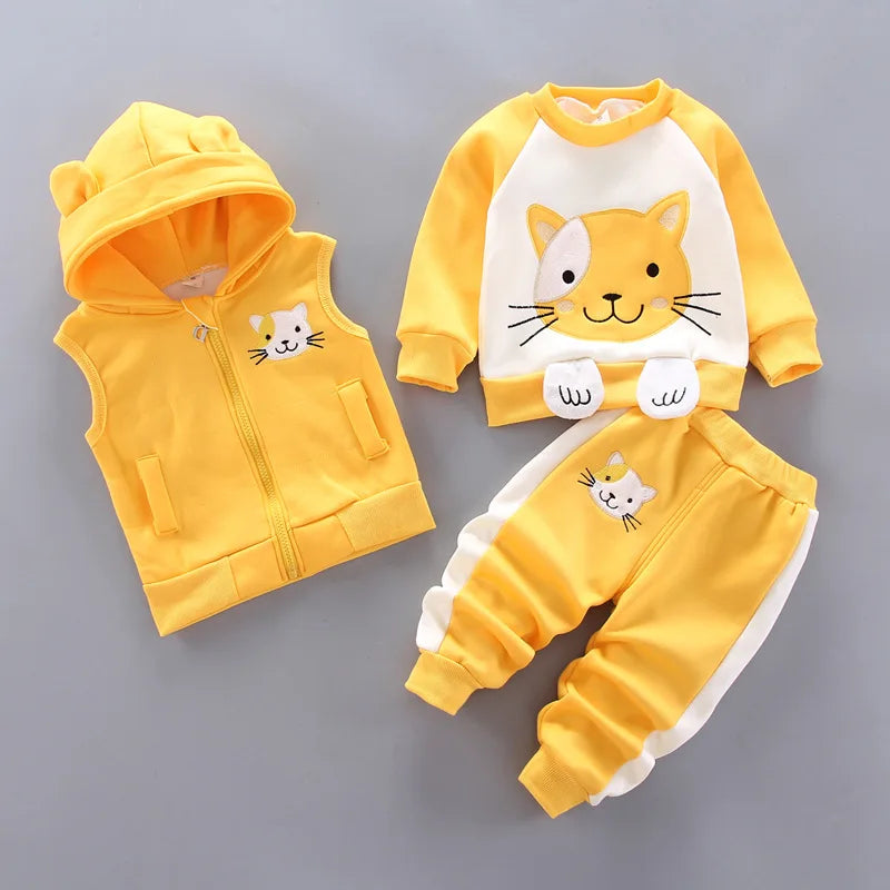 2023 Winter Baby Clothes Set – 3-Piece Cotton Outfit with Hooded Bear Sweater | Warm & Cute Baby Suit for Boys & Girls (0–5Y)