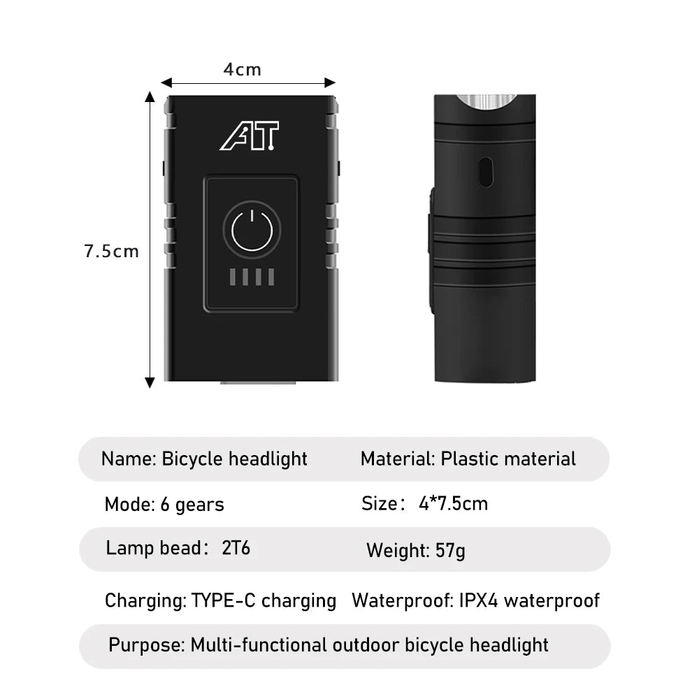 LED Bicycle Front Light – USB Type-C Rechargeable Bike Headlight for MTB & Road Cycling | Easy Install, Waterproof & Bright specifications