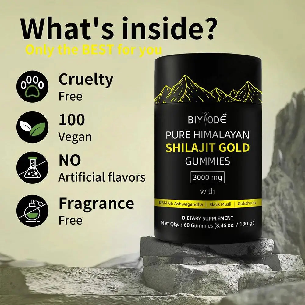 BIYODE Shilajit Gold Gummies – 60 Gummies | Pure Himalayan Shilajit + Black Seed Oil | Vitality, Energy & Wellness Support for Men & Women