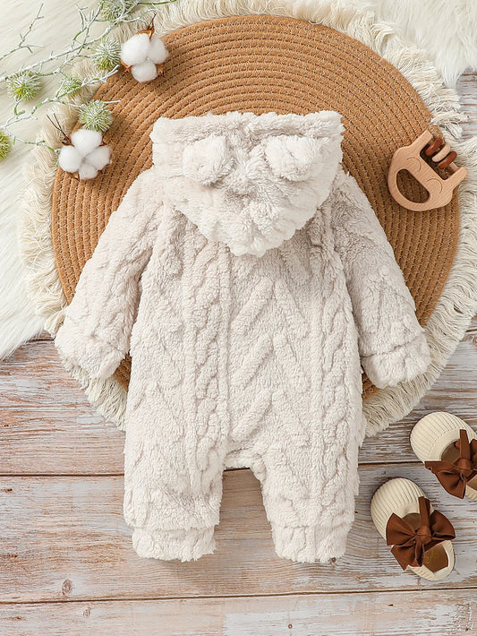 Baby Boys Winter Plush Hoodie Jumpsuit – Warm Long Sleeve Zipper Romper for Newborns (0–24M)