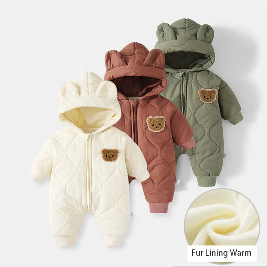 Winter Baby Romper with Fur Lining – Warm Cartoon Bear Jumpsuit for Toddlers & Infants (Unisex Outerwear, 0–24M)