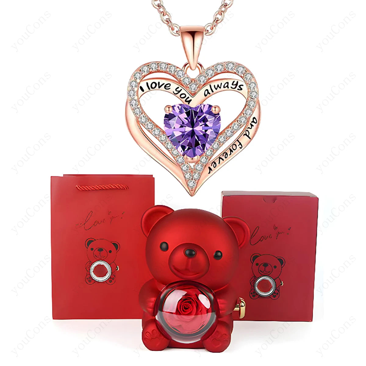 Red Heart Pendant Necklace with Bear Rose Gift Box – Elegant Jewelry Gift for Women for Mother’s Day 2026, Valentine’s Day, Christmas, Weddings & Birthdays
