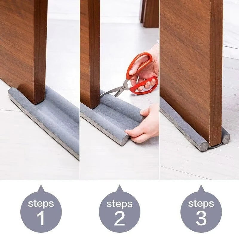 Steps showing installation of Double-Sided Door Bottom Sealing Strip – Wear-Resistant Leather Draft Stopper | Soundproof, Dustproof, Insect-Blocking, Easy Install.