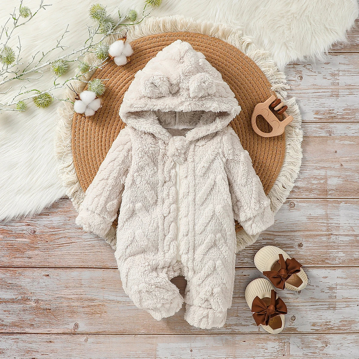 Baby Boys Winter Plush Hoodie Jumpsuit – Warm Long Sleeve Zipper Romper for Newborns (0–24M)