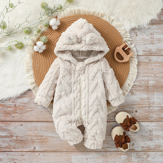 Baby Boys Winter Plush Hoodie Jumpsuit – Warm Long Sleeve Zipper Romper for Newborns (0–24M)
