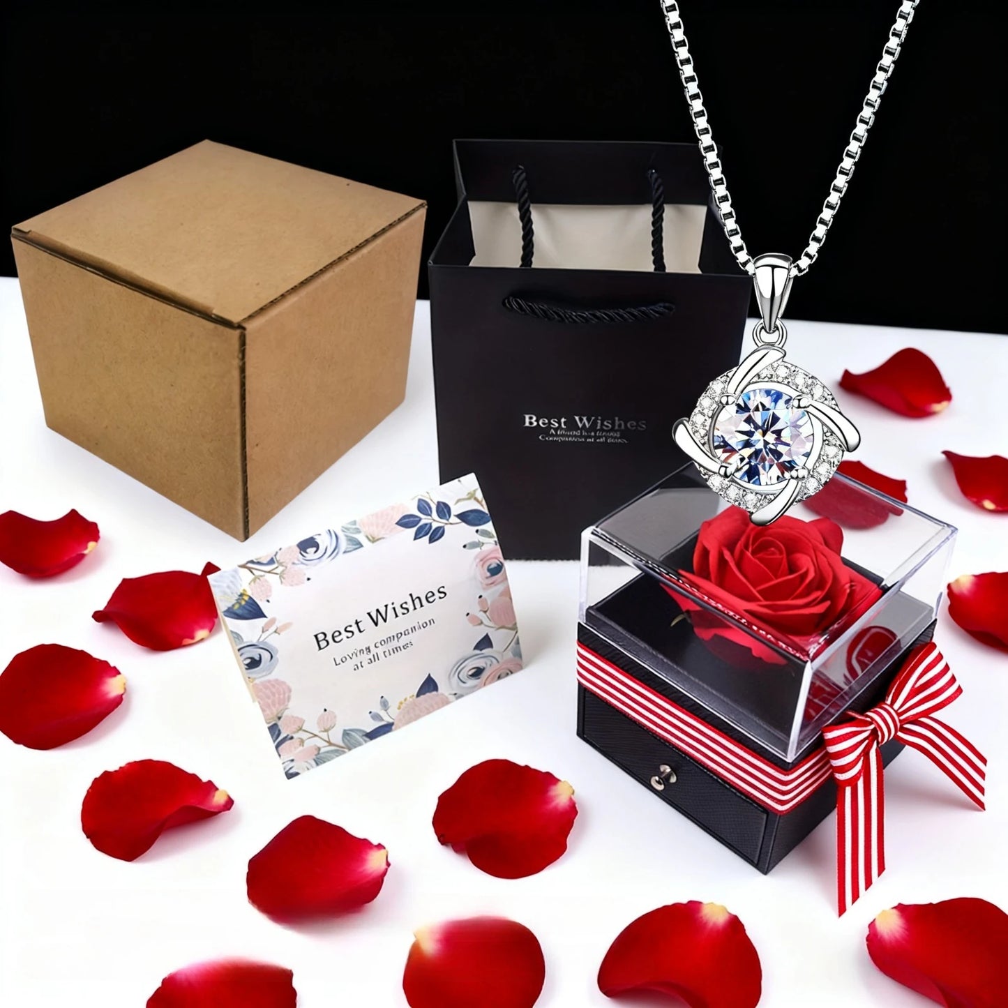 Red Eternal Rose Gift Box with Four-Leaf Clover Pendant Necklace – Birthday & Valentine’s Day Gift for Mom or Girlfriend