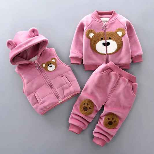 2023 Winter Baby Clothes Set – 3-Piece Cotton Outfit with Hooded Bear Sweater | Warm & Cute Baby Suit for Boys & Girls (0–5Y)
