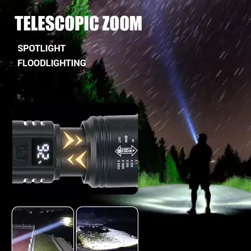 P70 LED Flashlight – 5000LM Ultra Bright Tactical Torch – Telescopic Zoom, Built-in Rechargeable Battery – Emergency Spotlight for Outdoor & Camping Use