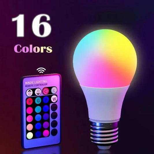 RGB LED Light Bulb E27 220V – 16 Color Changing Dimmable Lamp with 24-Key Remote – Multicolor Mood Lighting for Home, Bedroom, Party, Decor