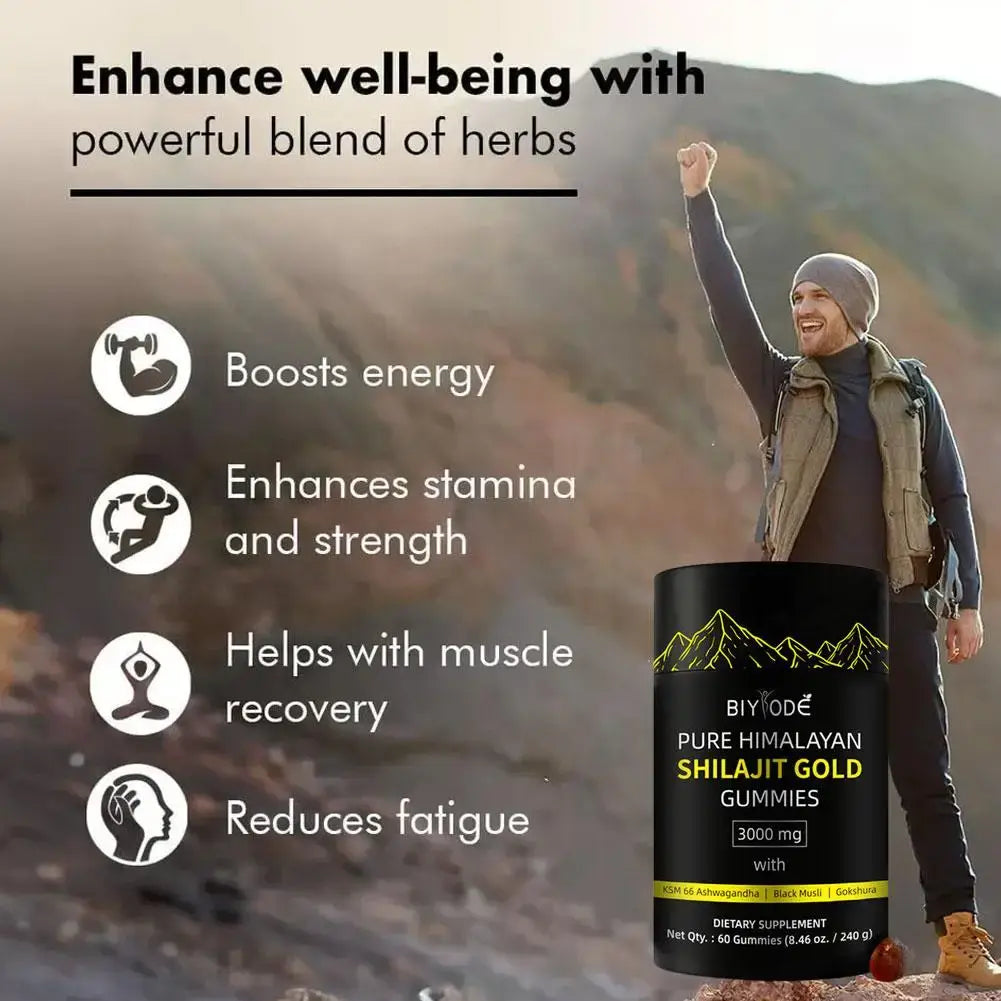BIYODE Shilajit Gold Gummies – 60 Gummies | Pure Himalayan Shilajit + Black Seed Oil | Vitality, Energy & Wellness Support for Men & Women