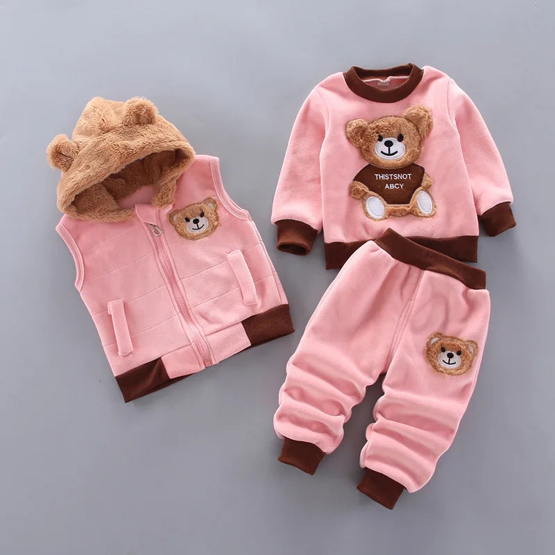 2023 Winter Baby Clothes Set – 3-Piece Cotton Outfit with Hooded Bear Sweater | Warm & Cute Baby Suit for Boys & Girls (0–5Y)
