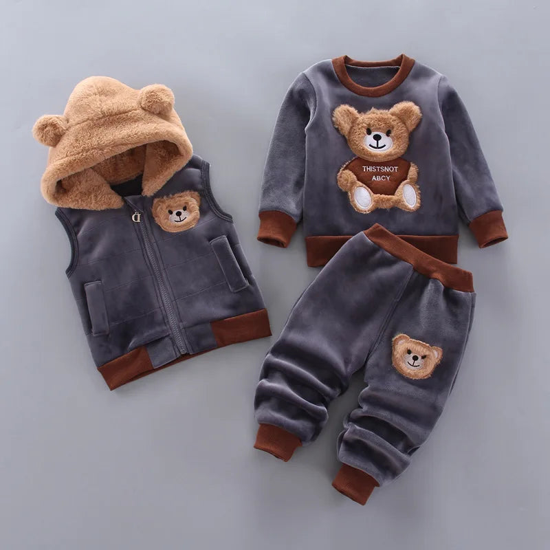 2023 Winter Baby Clothes Set – 3-Piece Cotton Outfit with Hooded Bear Sweater | Warm & Cute Baby Suit for Boys & Girls (0–5Y)