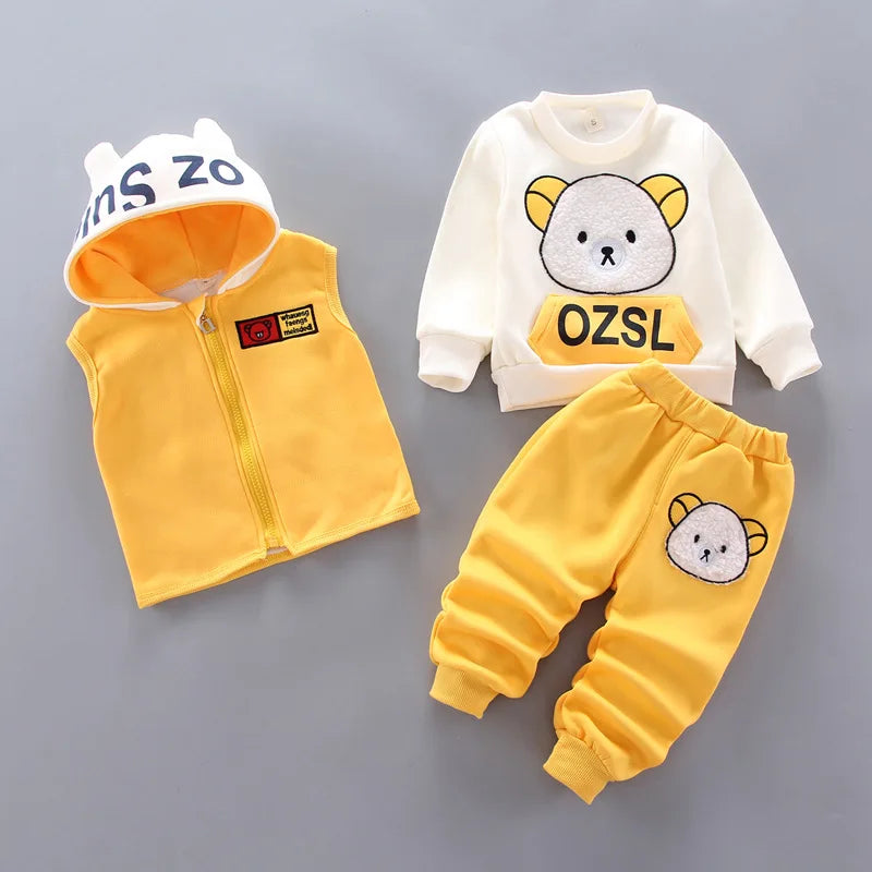 2023 Winter Baby Clothes Set – 3-Piece Cotton Outfit with Hooded Bear Sweater | Warm & Cute Baby Suit for Boys & Girls (0–5Y)