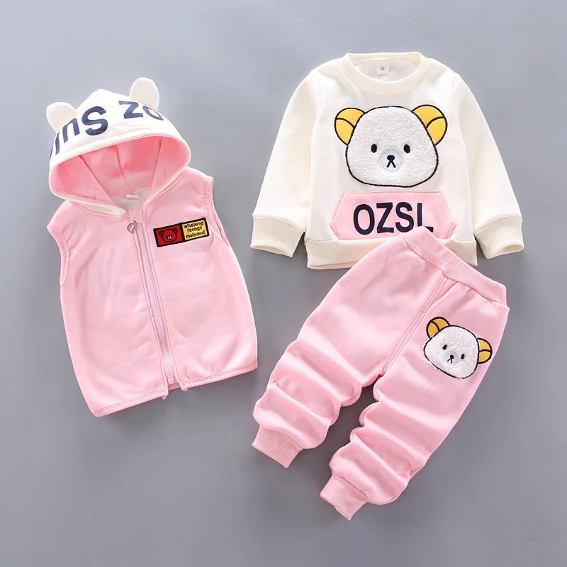 2023 Winter Baby Clothes Set – 3-Piece Cotton Outfit with Hooded Bear Sweater | Warm & Cute Baby Suit for Boys & Girls (0–5Y)