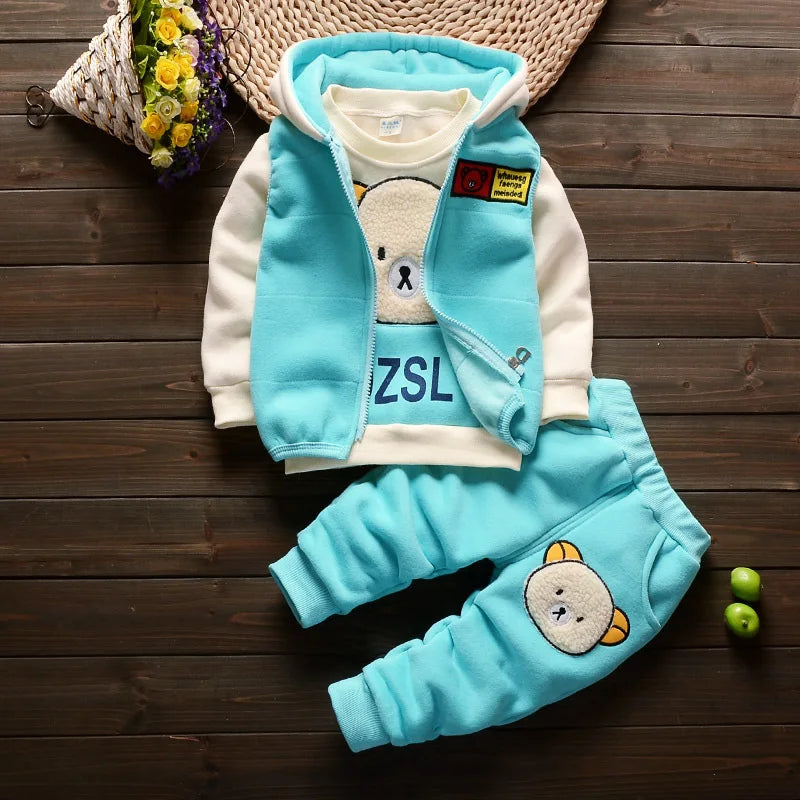 2023 Winter Baby Clothes Set – 3-Piece Cotton Outfit with Hooded Bear Sweater | Warm & Cute Baby Suit for Boys & Girls (0–5Y)