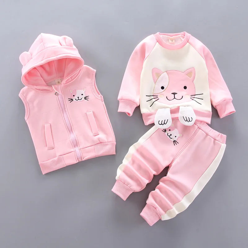 2023 Winter Baby Clothes Set – 3-Piece Cotton Outfit with Hooded Bear Sweater | Warm & Cute Baby Suit for Boys & Girls (0–5Y)