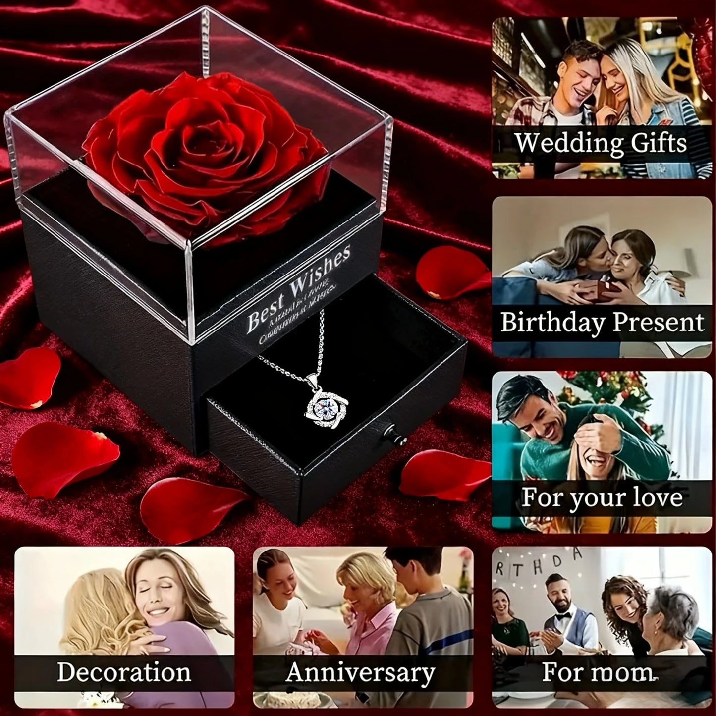 Red Eternal Rose Gift Box with Four-Leaf Clover Pendant Necklace – Birthday & Valentine’s Day Gift for Mom or Girlfriend