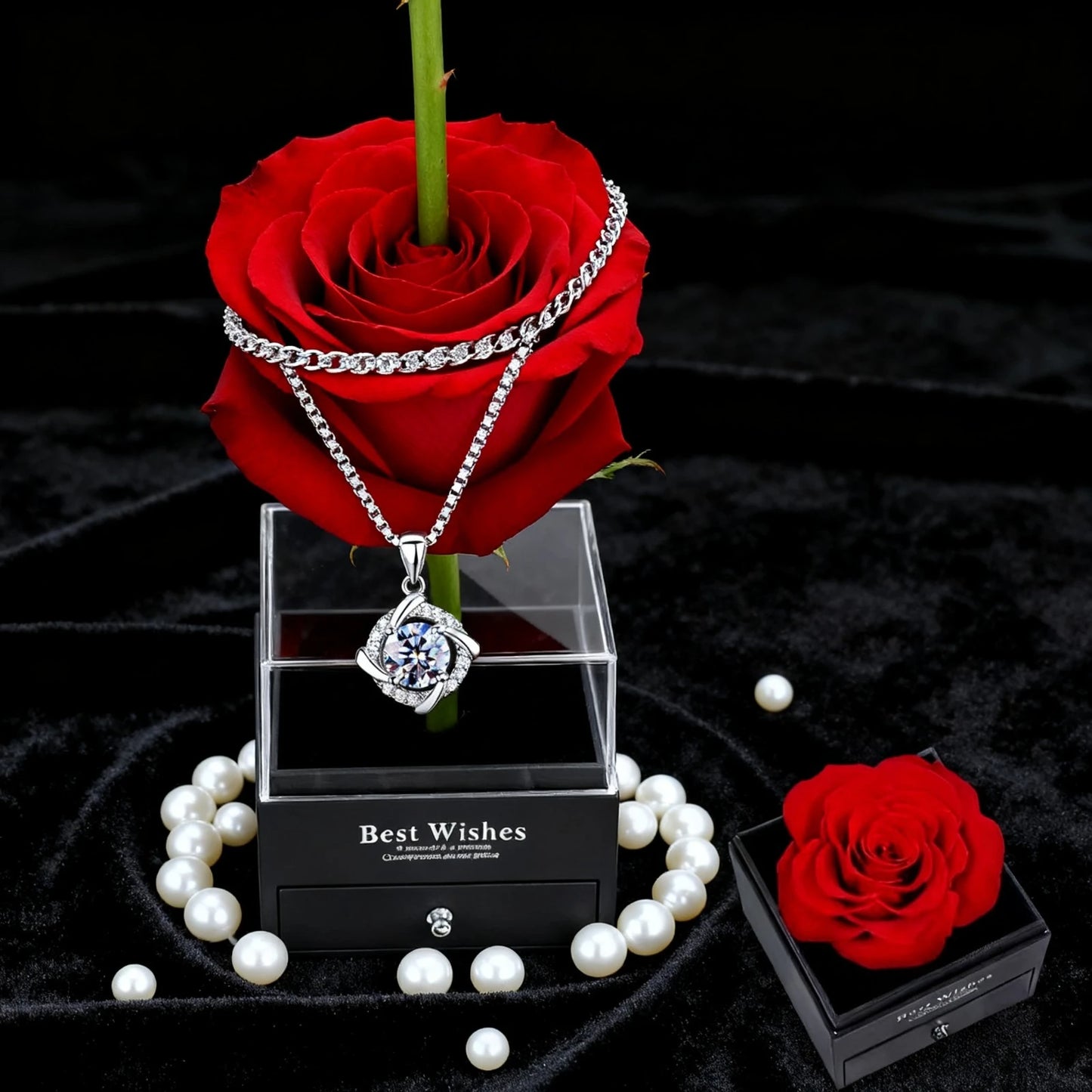 Red Eternal Rose Gift Box with Four-Leaf Clover Pendant Necklace – Birthday & Valentine’s Day Gift for Mom or Girlfriend