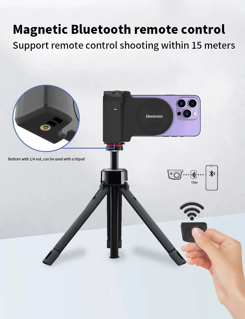 Magnetic SnapGrip Phone Holder with Bluetooth Remote, Anti-Shake Selfie Grip & Tripod Stand – Magnetic Vlog Handle for iPhone & Android