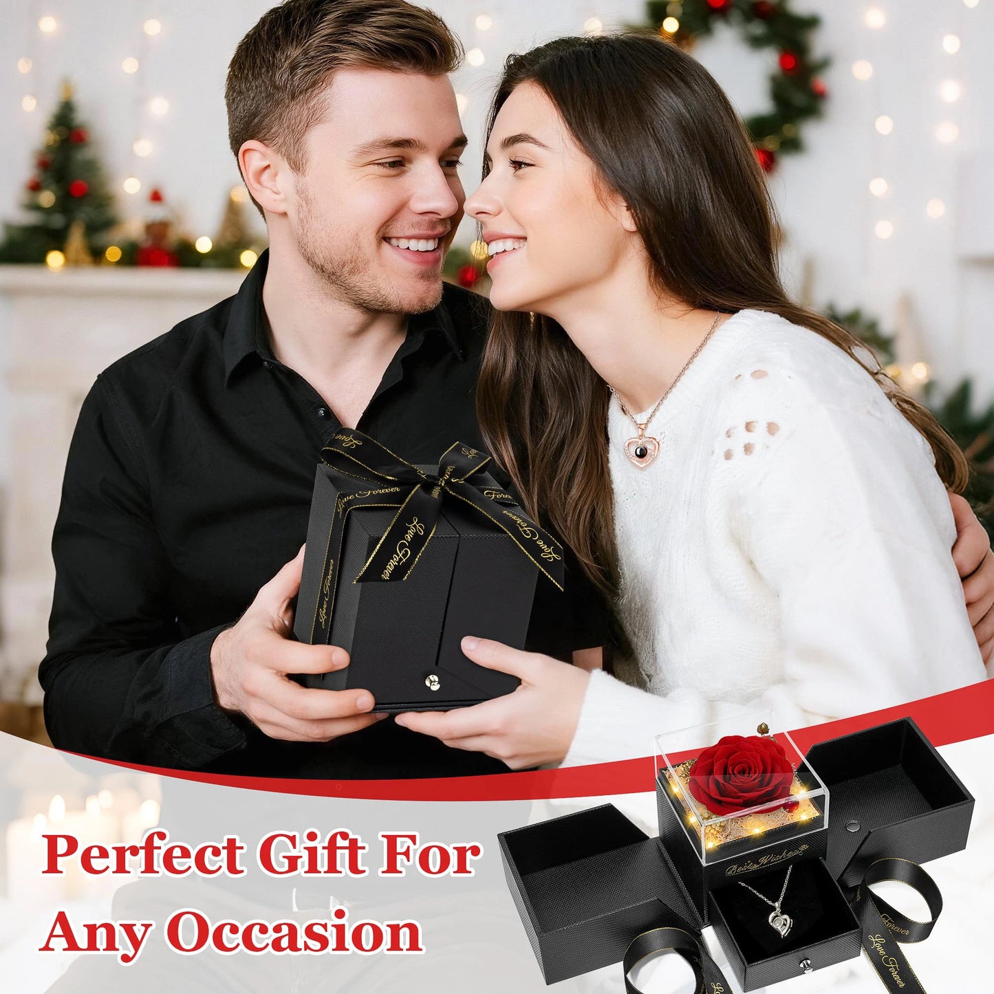 Preserved Real Rose with “I Love You” Necklace (100 Languages) – Eternal Flower Gift for Her, Wife, Valentine’s Day & Christmas