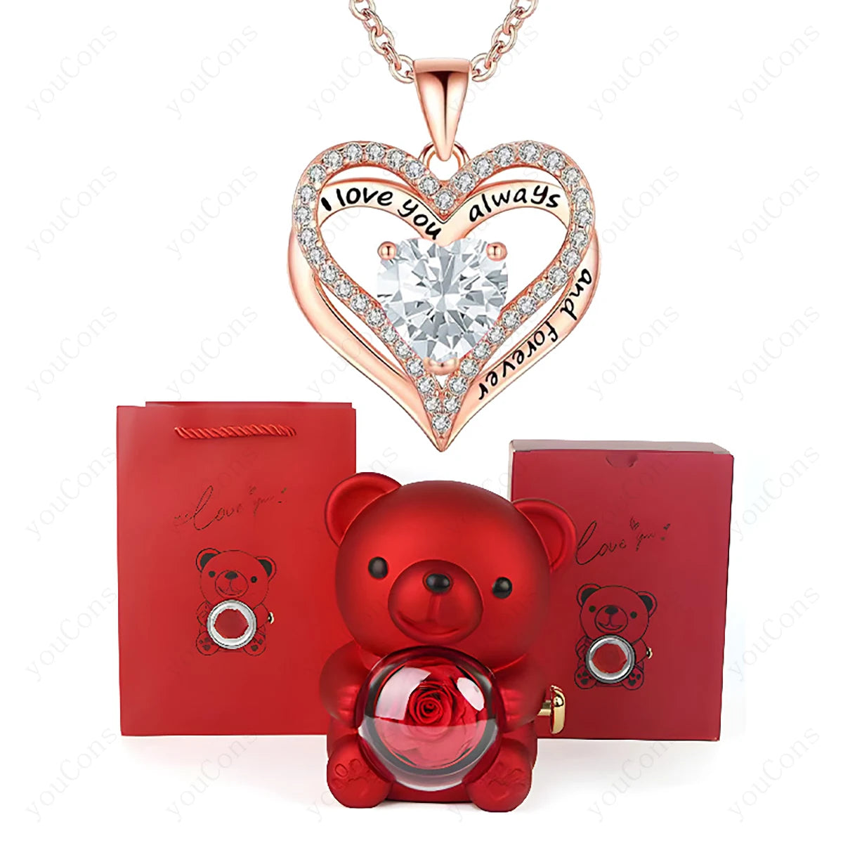 Red Heart Pendant Necklace with Bear Rose Gift Box – Elegant Jewelry Gift for Women for Mother’s Day 2026, Valentine’s Day, Christmas, Weddings & Birthdays