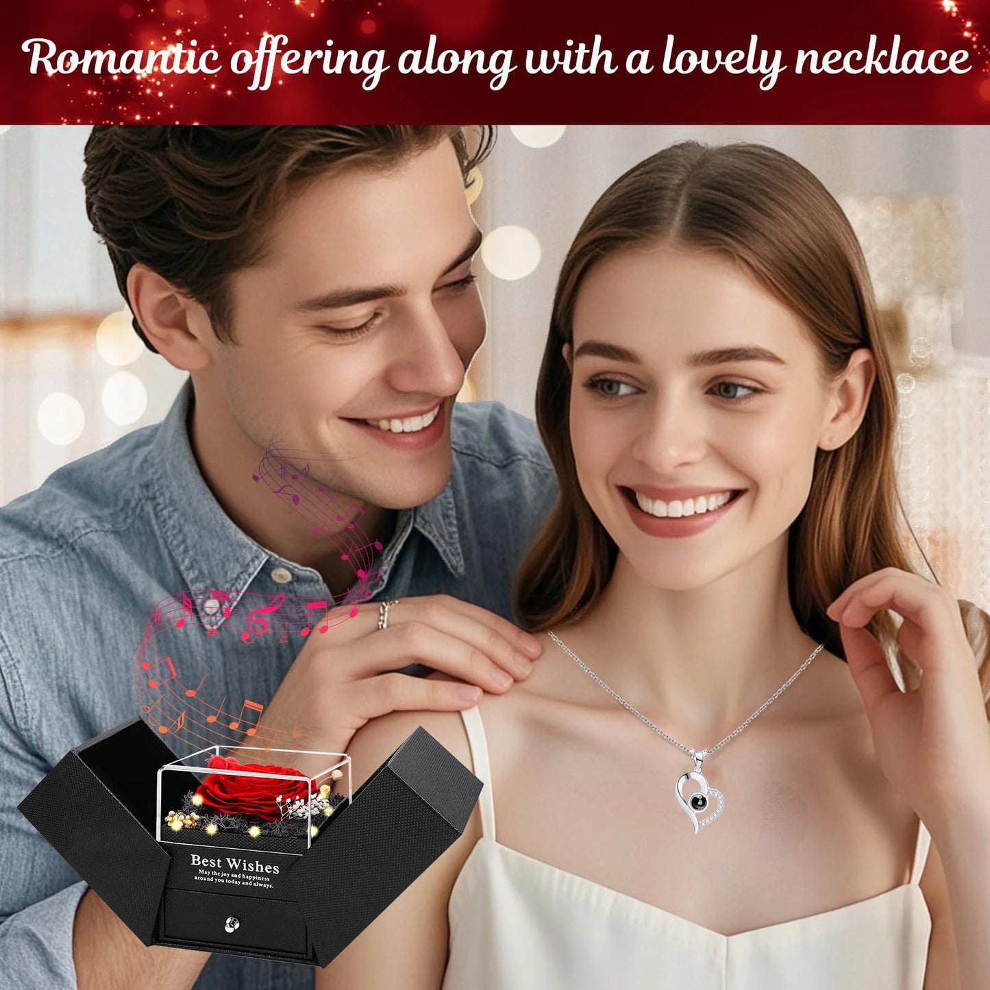 Preserved Real Rose with “I Love You” Necklace (100 Languages) – Eternal Flower Gift for Her, Wife, Valentine’s Day & Christmas