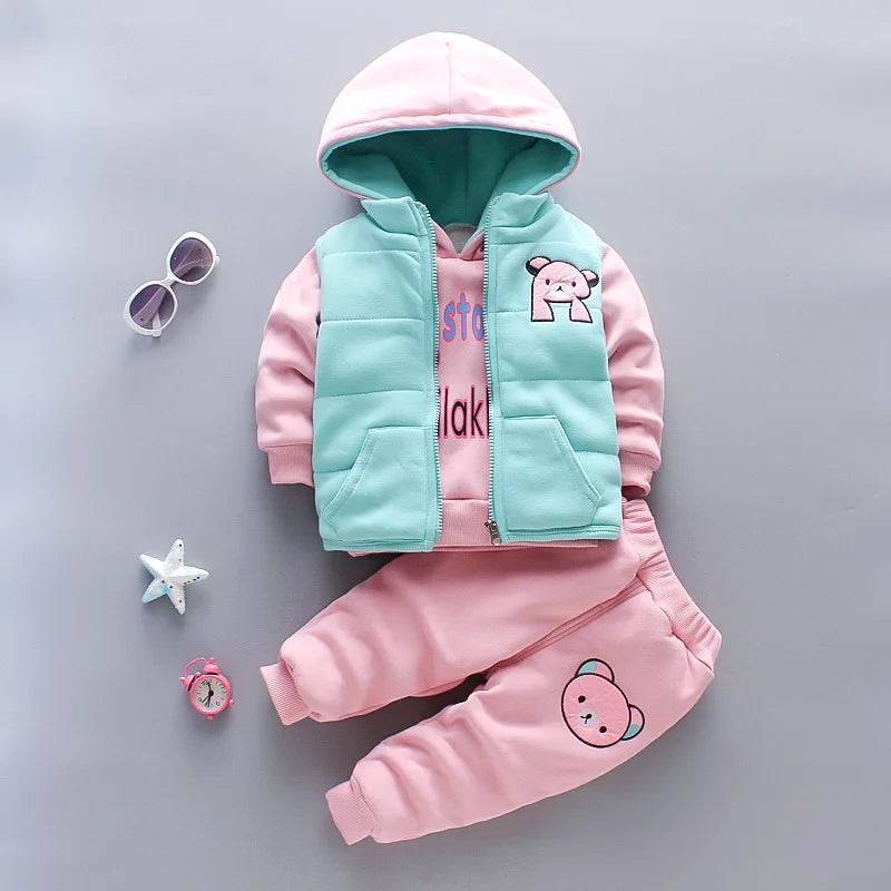 2023 Winter Baby Clothes Set – 3-Piece Cotton Outfit with Hooded Bear Sweater | Warm & Cute Baby Suit for Boys & Girls (0–5Y)