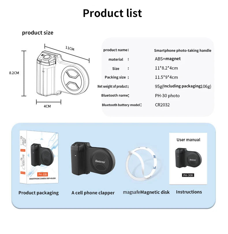 Magnetic SnapGrip Phone Holder with Bluetooth Remote, Anti-Shake Selfie Grip & Tripod Stand – Magnetic Vlog Handle for iPhone & Android