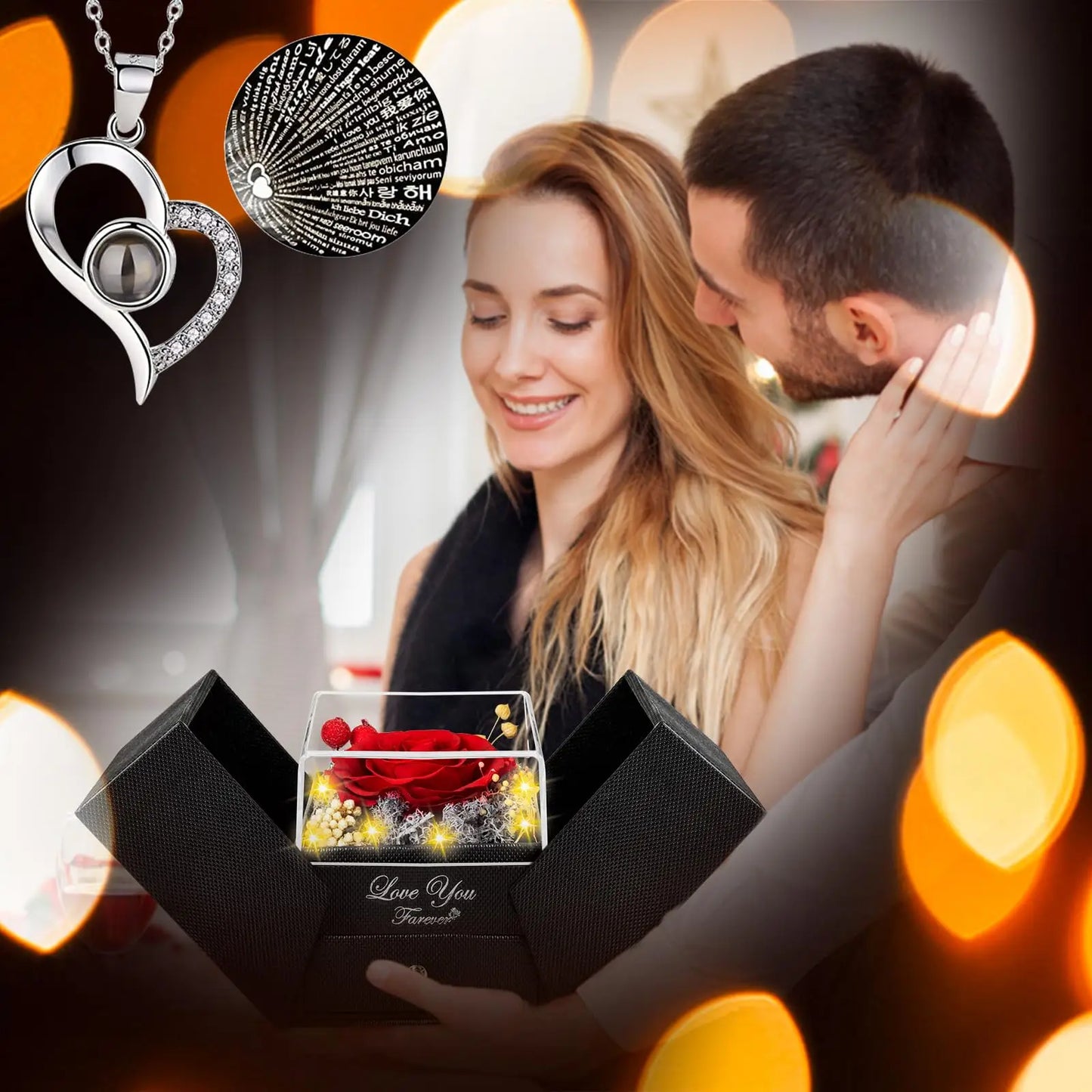 Preserved Real Rose with “I Love You” Necklace (100 Languages) – Eternal Flower Gift for Her, Wife, Valentine’s Day & Christmas