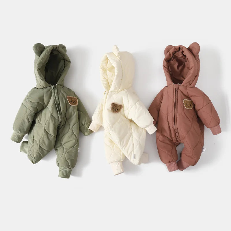 Winter Baby Romper with Fur Lining – Warm Cartoon Bear Jumpsuit for Toddlers & Infants (Unisex Outerwear, 0–24M)