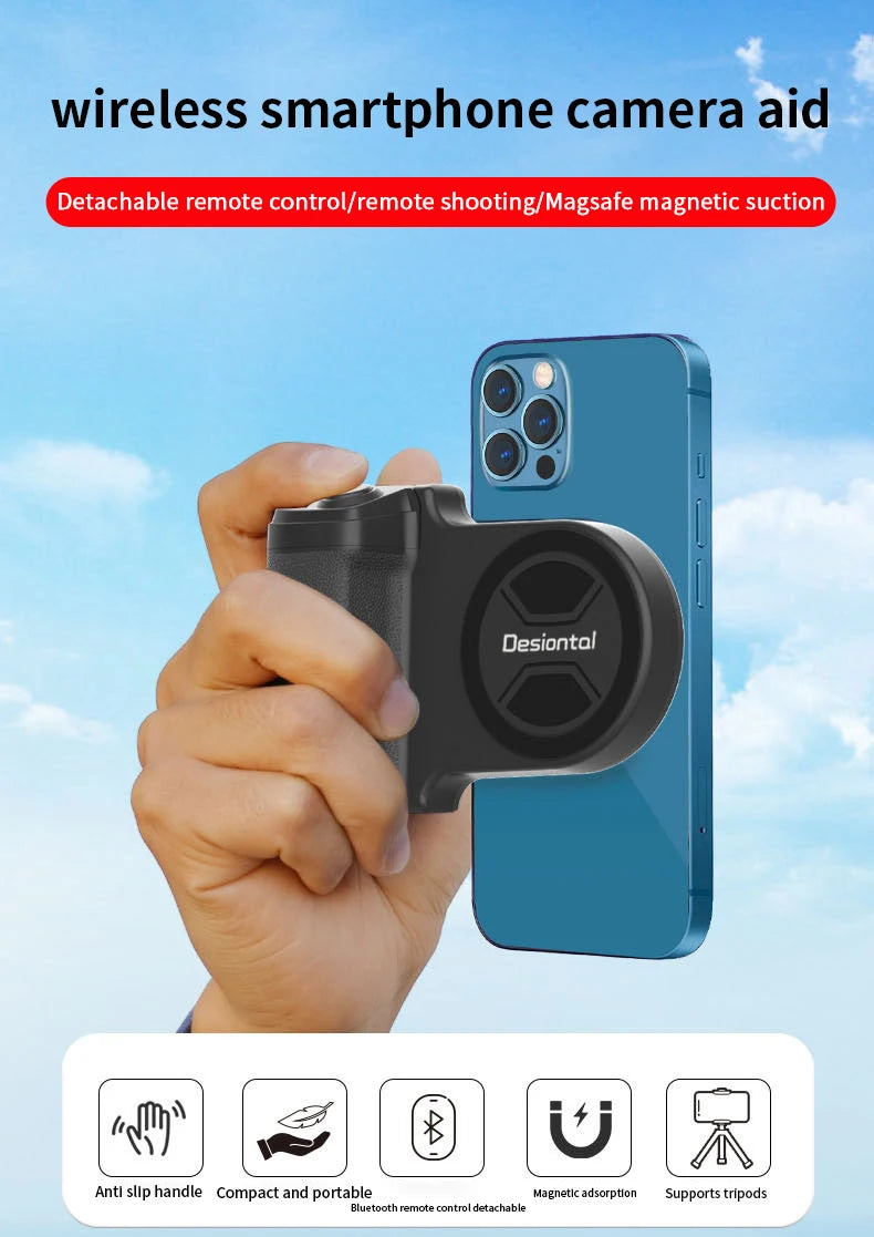 Magnetic SnapGrip Phone Holder with Bluetooth Remote, Anti-Shake Selfie Grip & Tripod Stand – Magnetic Vlog Handle for iPhone & Android