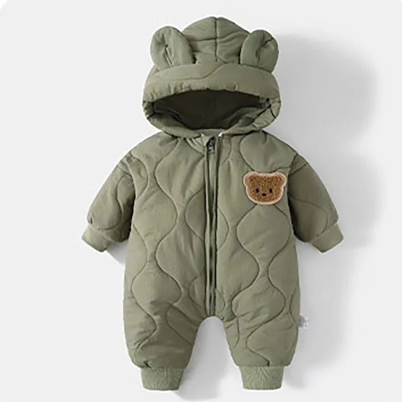 Winter Baby Romper with Fur Lining – Warm Cartoon Bear Jumpsuit for Toddlers & Infants (Unisex Outerwear, 0–24M)