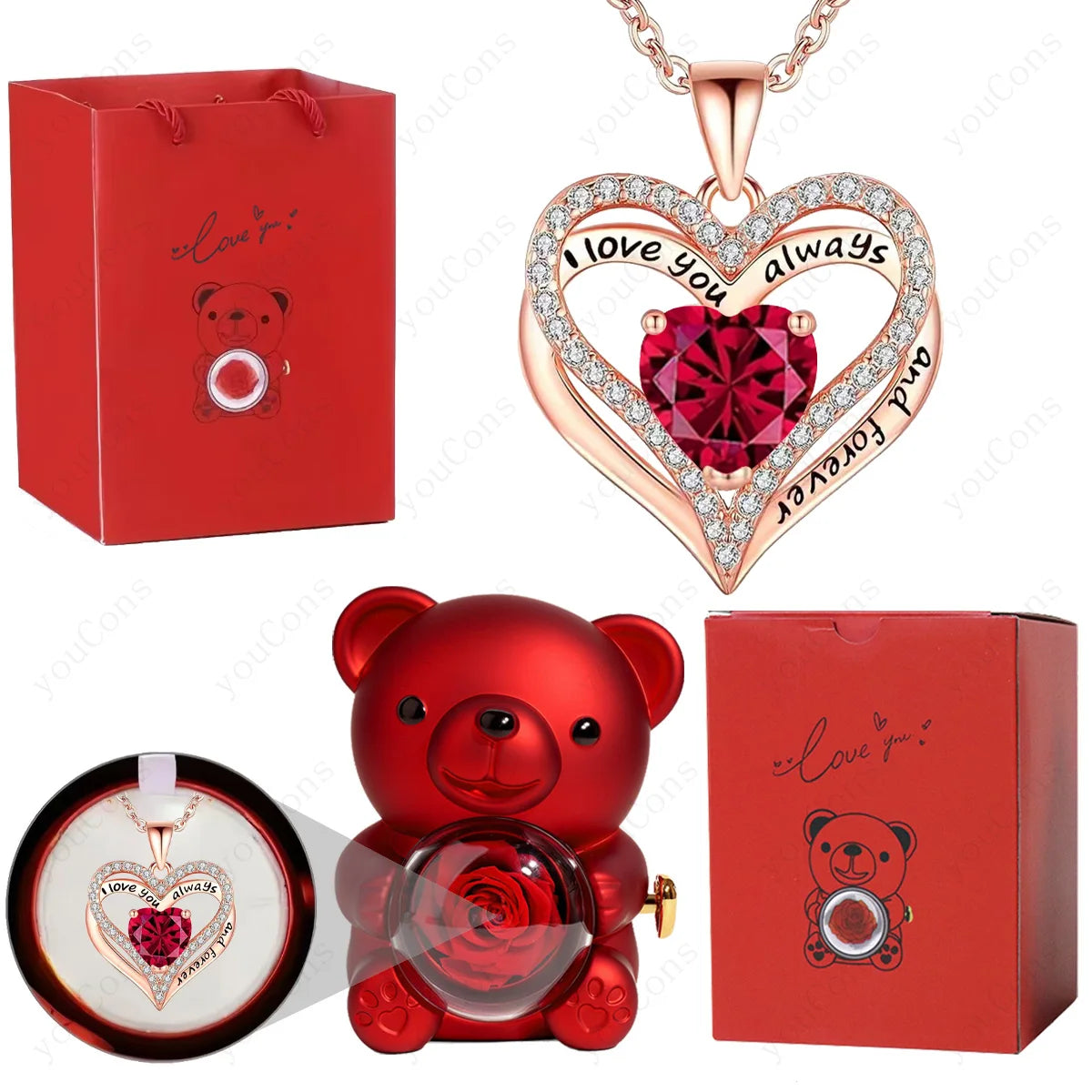 Red Heart Pendant Necklace with Bear Rose Gift Box – Elegant Jewelry Gift for Women for Mother’s Day 2026, Valentine’s Day, Christmas, Weddings & Birthdays