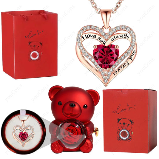 Red Heart Pendant Necklace with Bear Rose Gift Box – Elegant Jewelry Gift for Women for Mother’s Day 2026, Valentine’s Day, Christmas, Weddings & Birthdays