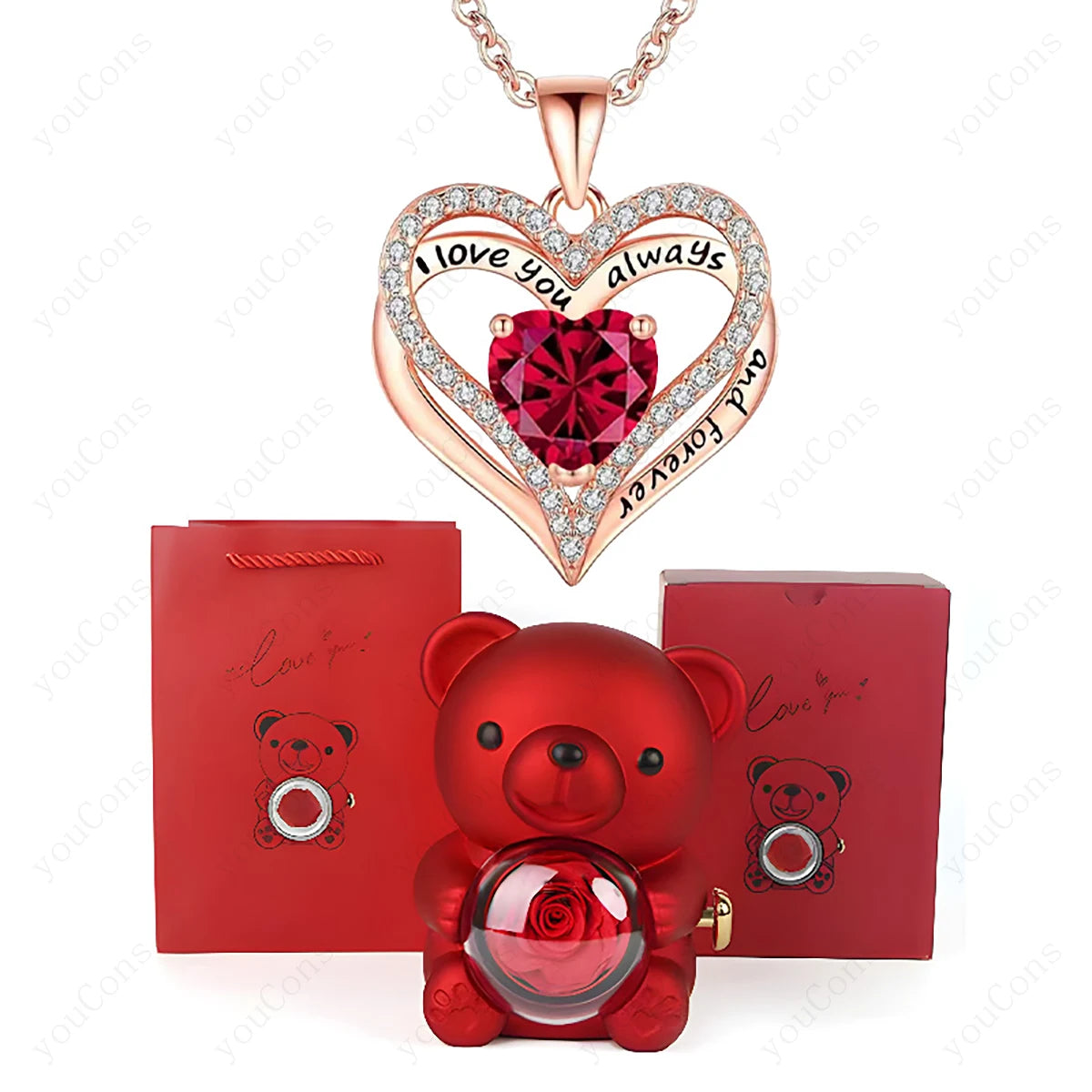 Red Heart Pendant Necklace with Bear Rose Gift Box – Elegant Jewelry Gift for Women for Mother’s Day 2026, Valentine’s Day, Christmas, Weddings & Birthdays