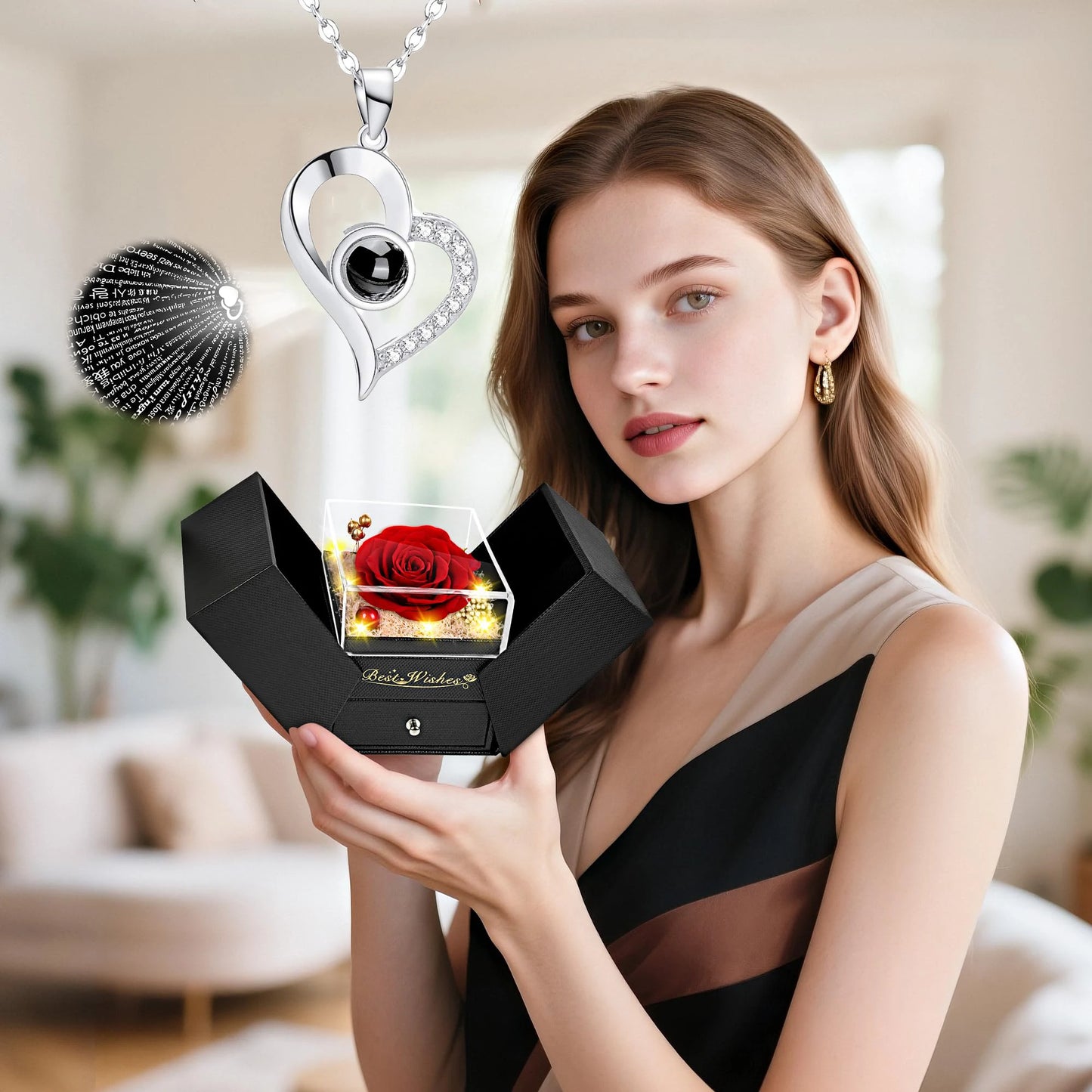 Preserved Real Rose with “I Love You” Necklace (100 Languages) – Eternal Flower Gift for Her, Wife, Valentine’s Day & Christmas