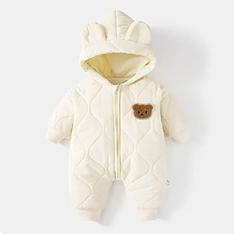 Winter Baby Romper with Fur Lining – Warm Cartoon Bear Jumpsuit for Toddlers & Infants (Unisex Outerwear, 0–24M)