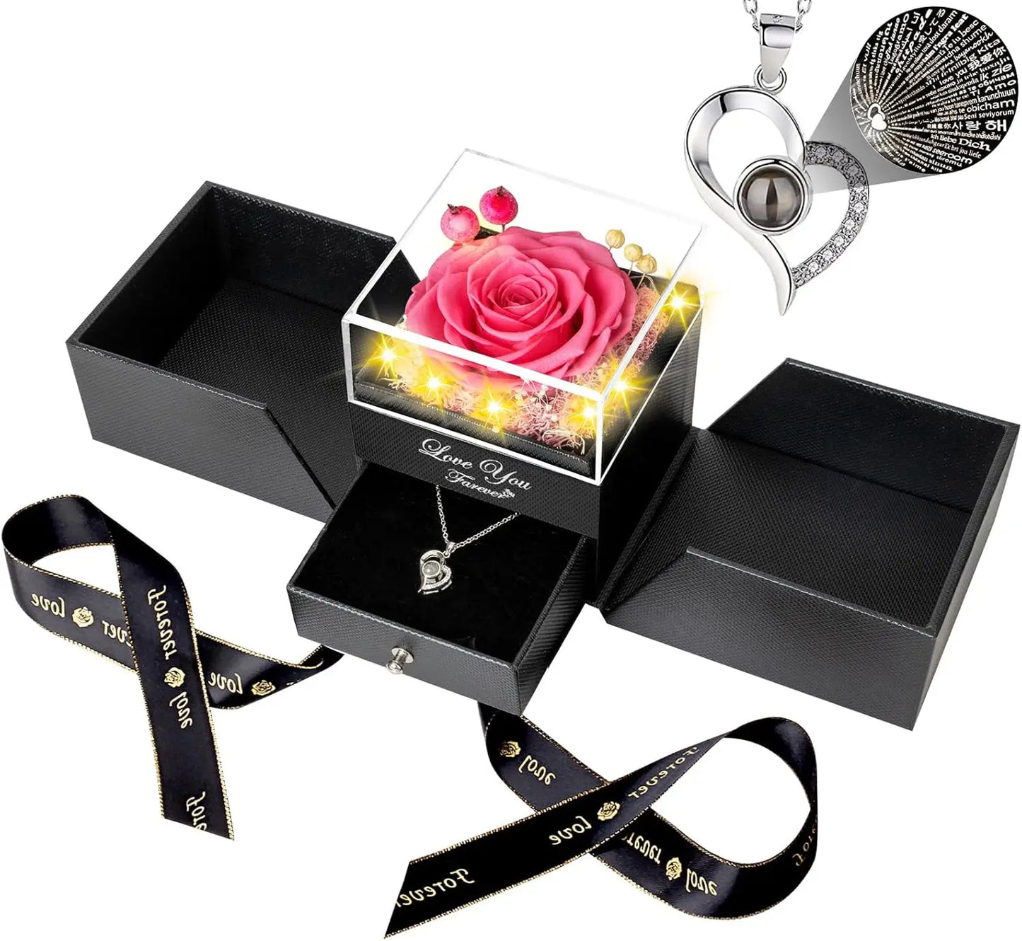 Preserved Real Rose with “I Love You” Necklace (100 Languages) – Eternal Flower Gift for Her, Wife, Valentine’s Day & Christmas