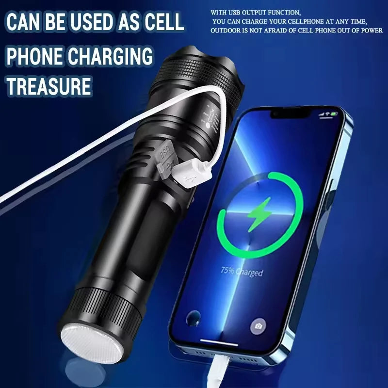 P70 LED Flashlight – 5000LM Ultra Bright Tactical Torch – Telescopic Zoom, Built-in Rechargeable Battery – Emergency Spotlight for Outdoor & Camping Use