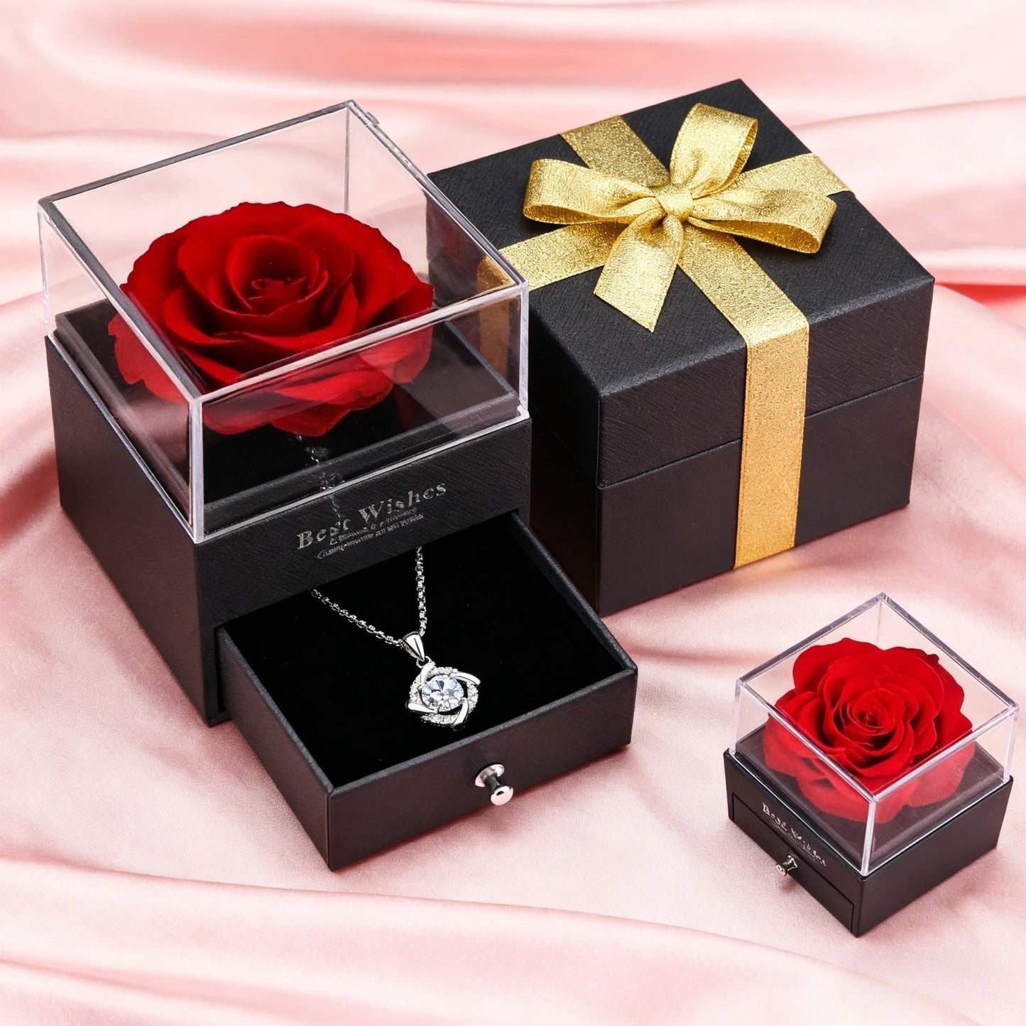 Red Eternal Rose Gift Box with Four-Leaf Clover Pendant Necklace – Birthday & Valentine’s Day Gift for Mom or Girlfriend