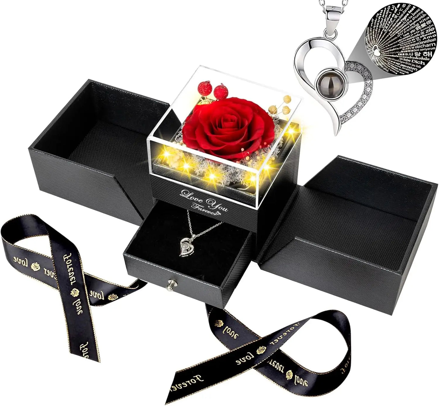 Preserved Real Rose with “I Love You” Necklace (100 Languages) – Eternal Flower Gift for Her, Wife, Valentine’s Day & Christmas