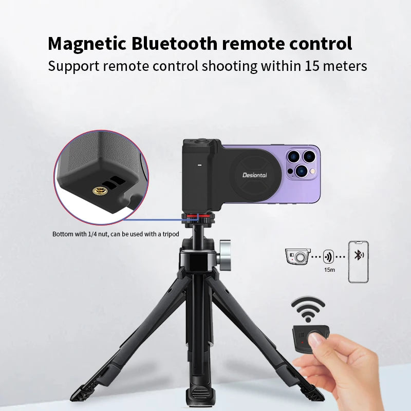Magnetic SnapGrip Phone Holder with Bluetooth Remote, Anti-Shake Selfie Grip & Tripod Stand – Magnetic Vlog Handle for iPhone & Android