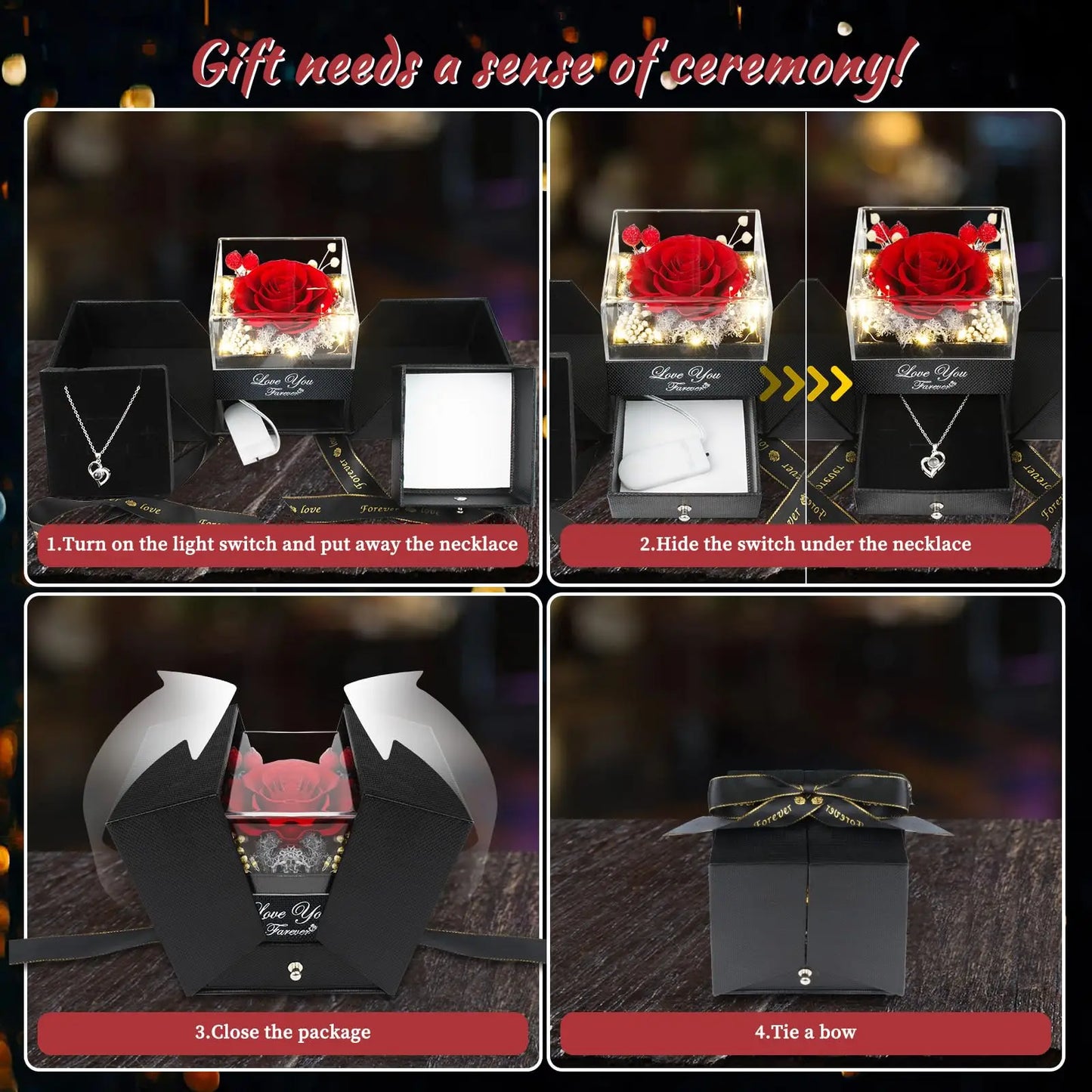 Preserved Real Rose with “I Love You” Necklace (100 Languages) – Eternal Flower Gift for Her, Wife, Valentine’s Day & Christmas