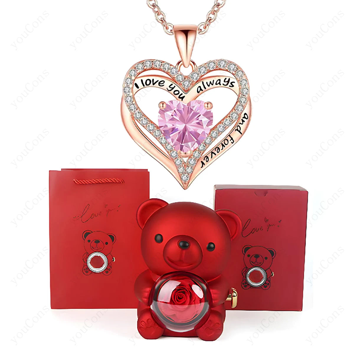 Red Heart Pendant Necklace with Bear Rose Gift Box – Elegant Jewelry Gift for Women for Mother’s Day 2026, Valentine’s Day, Christmas, Weddings & Birthdays