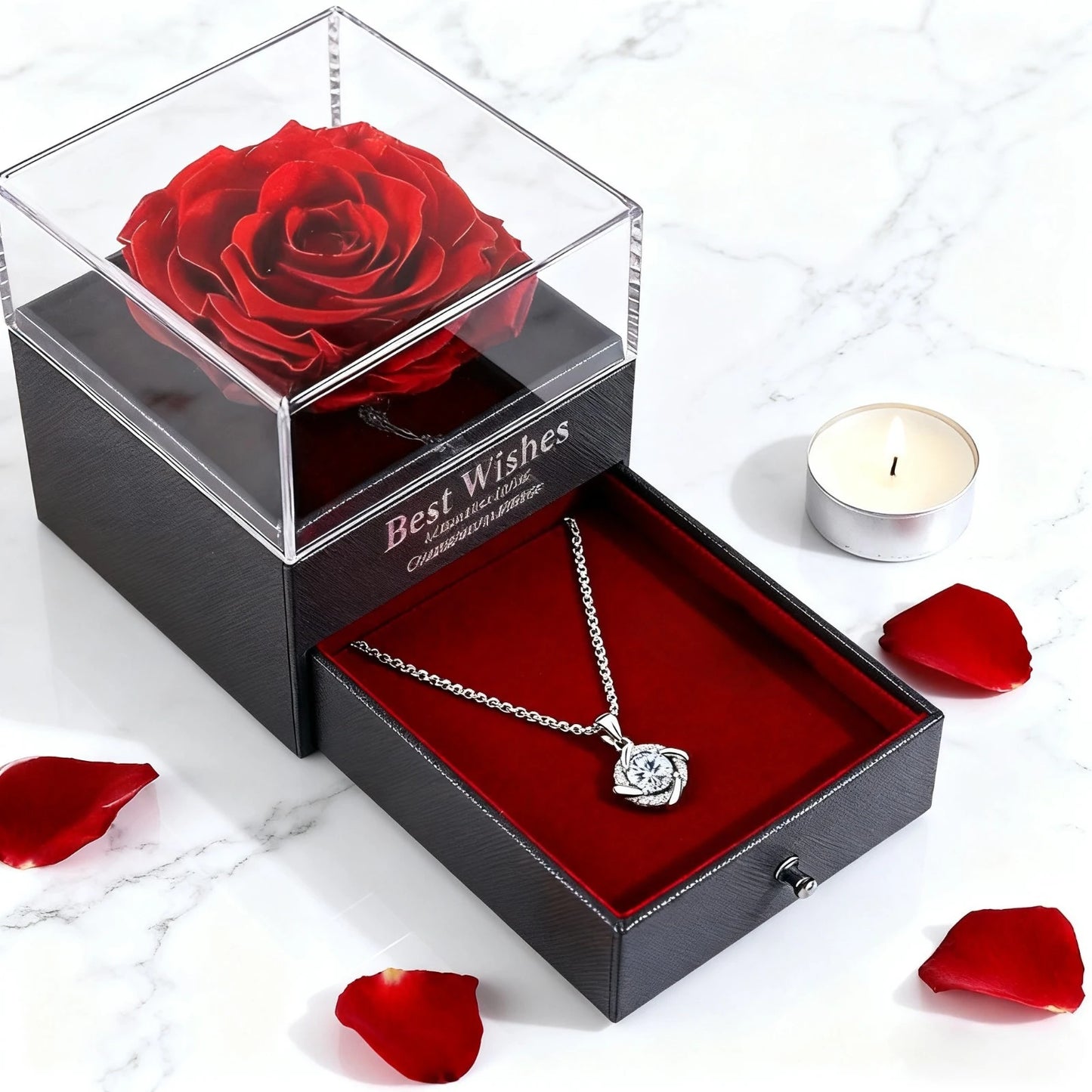 Red Eternal Rose Gift Box with Four-Leaf Clover Pendant Necklace – Birthday & Valentine’s Day Gift for Mom or Girlfriend