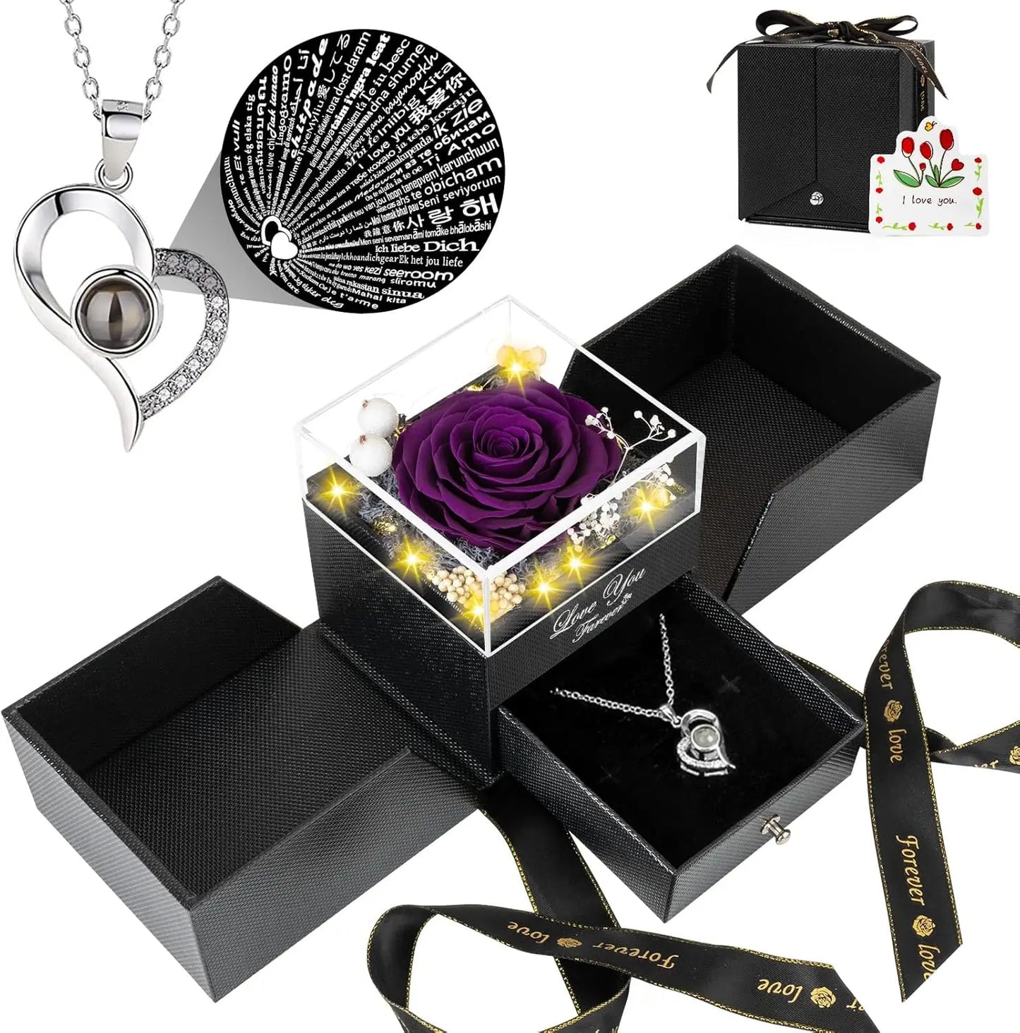 Preserved Real Rose with “I Love You” Necklace (100 Languages) – Eternal Flower Gift for Her, Wife, Valentine’s Day & Christmas