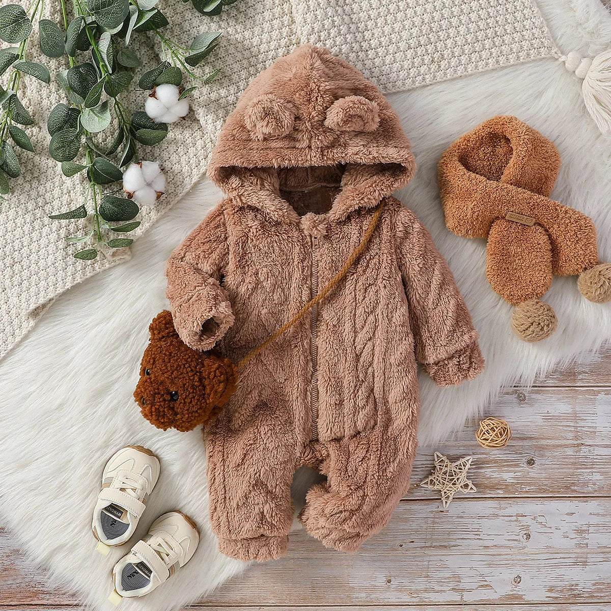 Baby Boys Winter Plush Hoodie Jumpsuit – Warm Long Sleeve Zipper Romper for Newborns (0–24M)
