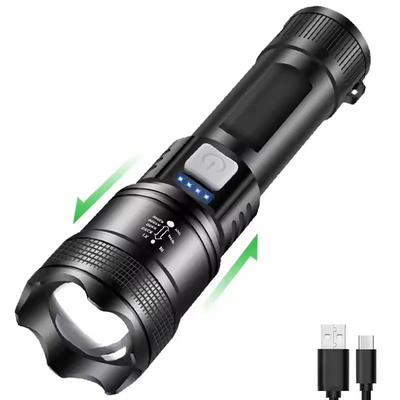 P70 LED Flashlight – 5000LM Ultra Bright Tactical Torch – Telescopic Zoom, Built-in Rechargeable Battery – Emergency Spotlight for Outdoor & Camping Use