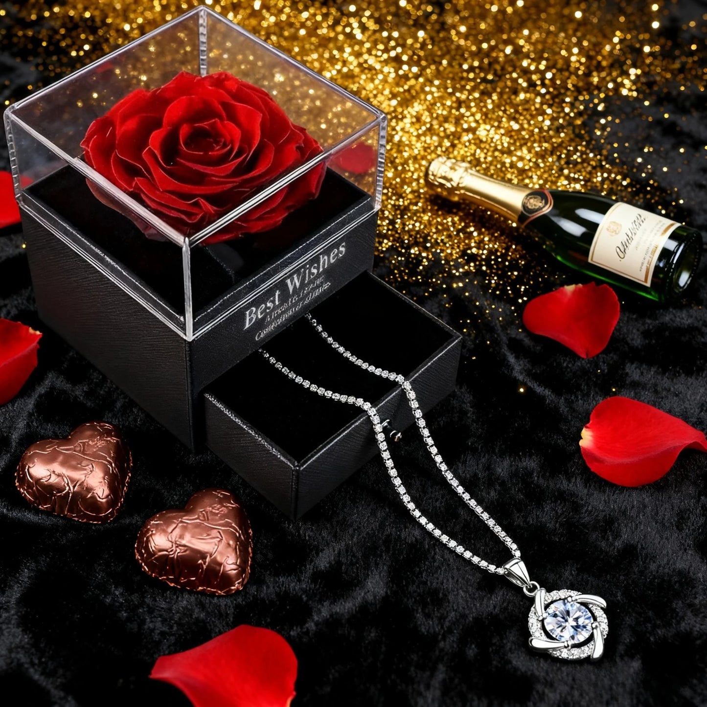 Red Eternal Rose Gift Box with Four-Leaf Clover Pendant Necklace – Birthday & Valentine’s Day Gift for Mom or Girlfriend