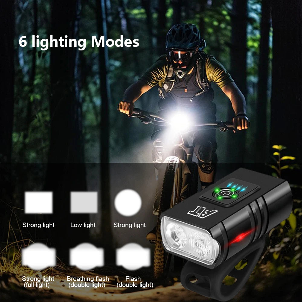 LED Bicycle Front Light – USB Type-C Rechargeable Bike Headlight for MTB & Road Cycling | Easy Install, Waterproof & Bright in use with 6 lighting modes.
